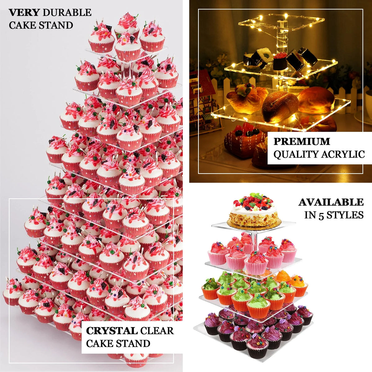 6 Tier Square Heavy Duty Acrylic Crystal Glass Clear Cupcake Dessert Stand J869