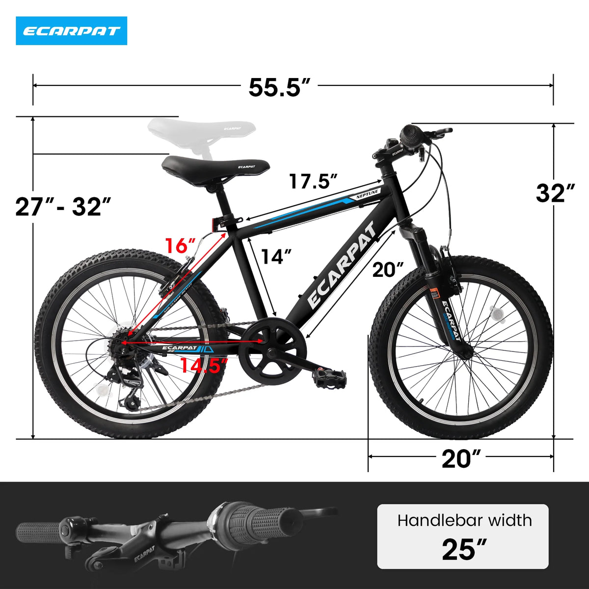 20 Inch Kids Mountain Bike, 7 Speed, Disc Brakes, Fat Tire, Black P380