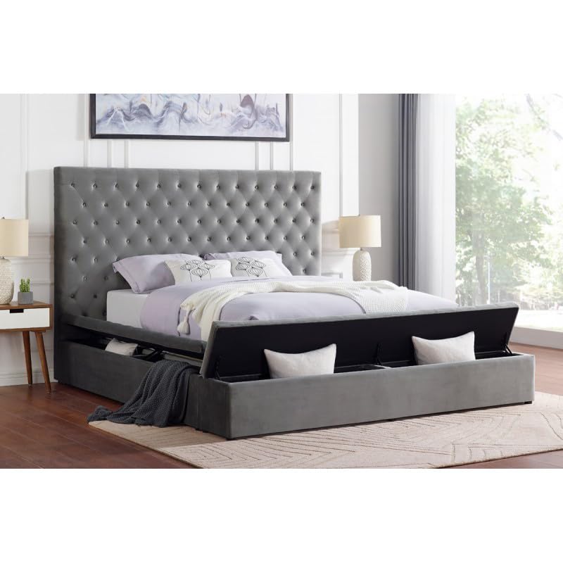 Cream Eastern King Velvet Tufted Storage Bed A31944