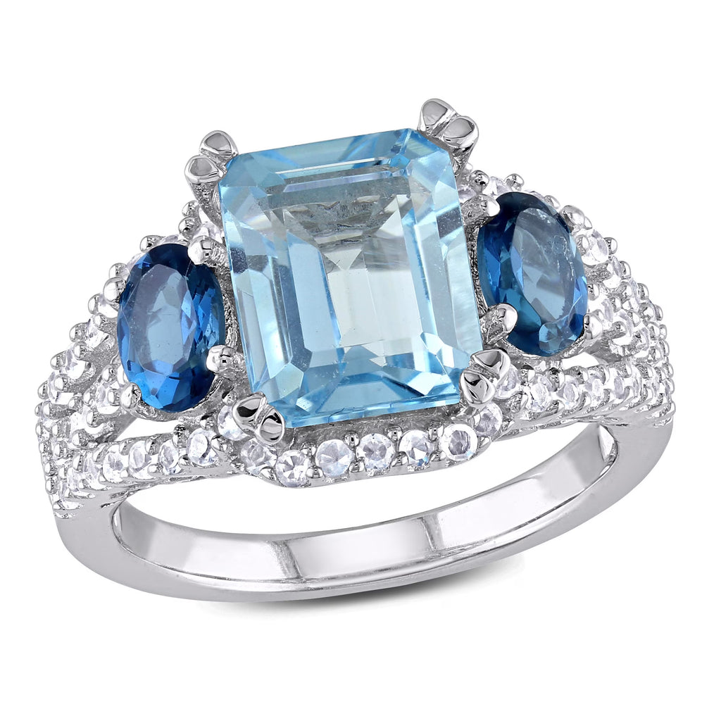 Oval & Octagon-Cut Sky & London Blue Topaz and Created White Sapphire Sterling Silver 3-Stone Ring G9740