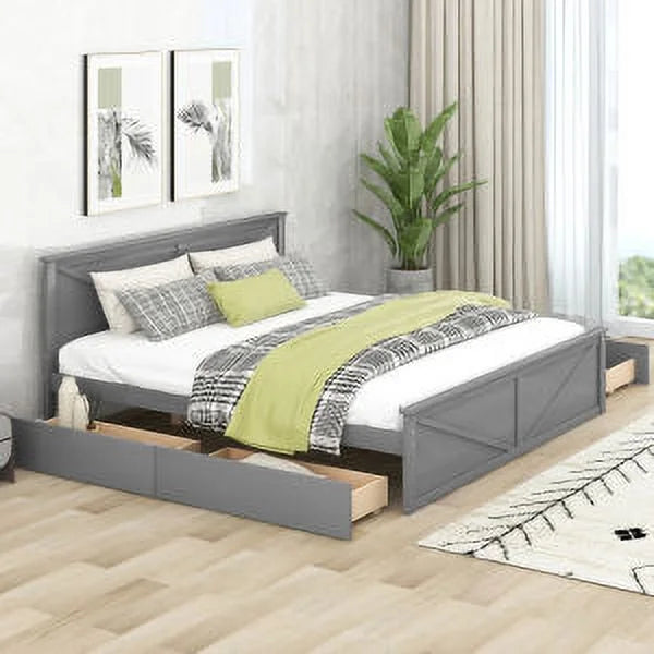 King Size Wooden Platform Bed with Storage Drawers C61383