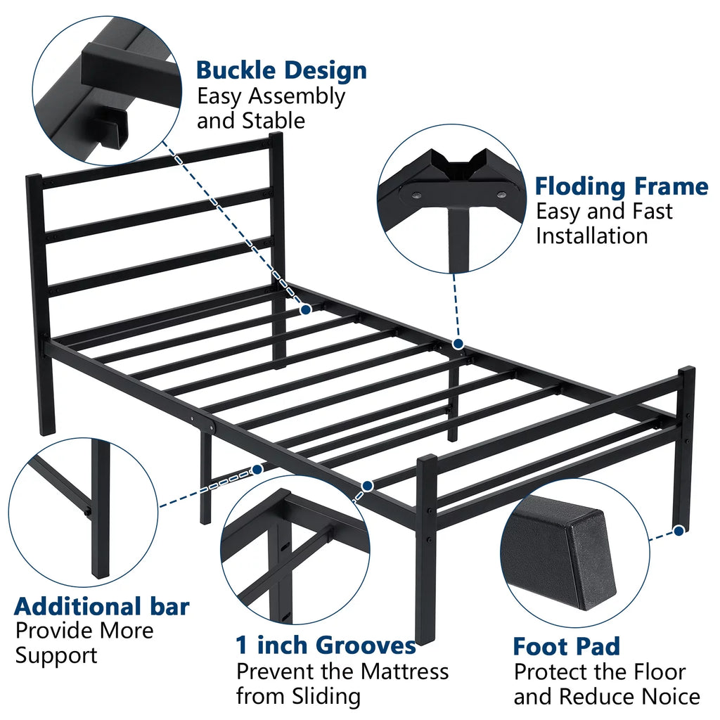 Twin Size Black Metal Platform Bed Frame with Headboard X9034