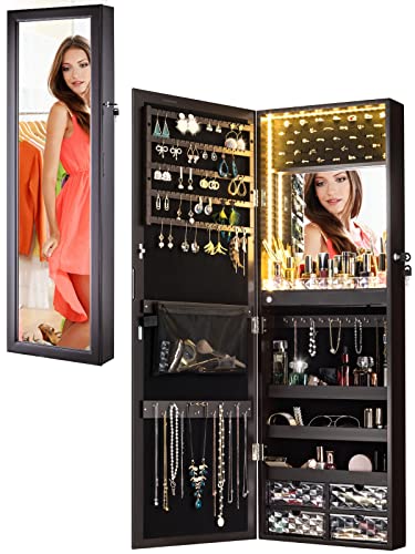 White Lockable Mirror Jewelry Cabinet with Drawers P72886