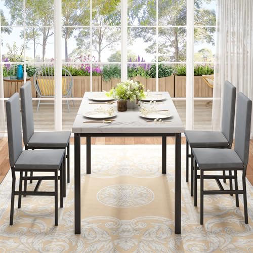 Dining Table Set for 4 with Faux Marble Tabletop and 4 PU Leather Chairs N222374