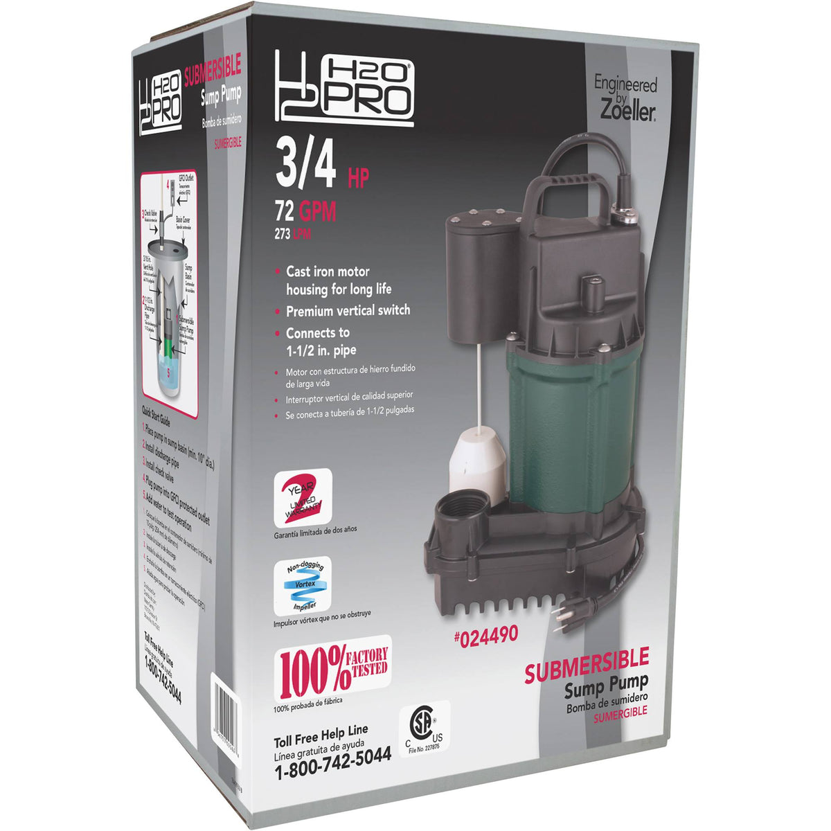 3/4 HP 4320 GPH Cast Iron Submersible Sump Pump A100459