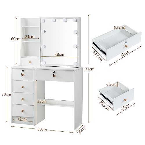 White 5 Drawer Vanity Desk with LED Lights and Mirror W44012