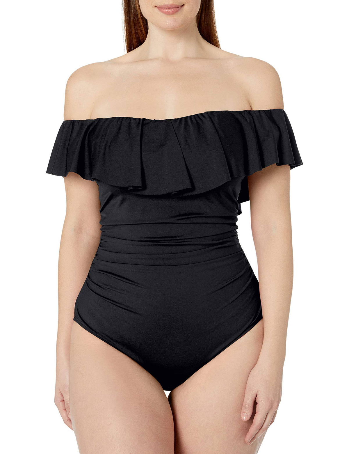 Plus Size Off-The-Shoulder One-Piece Swimsuit - Black L507