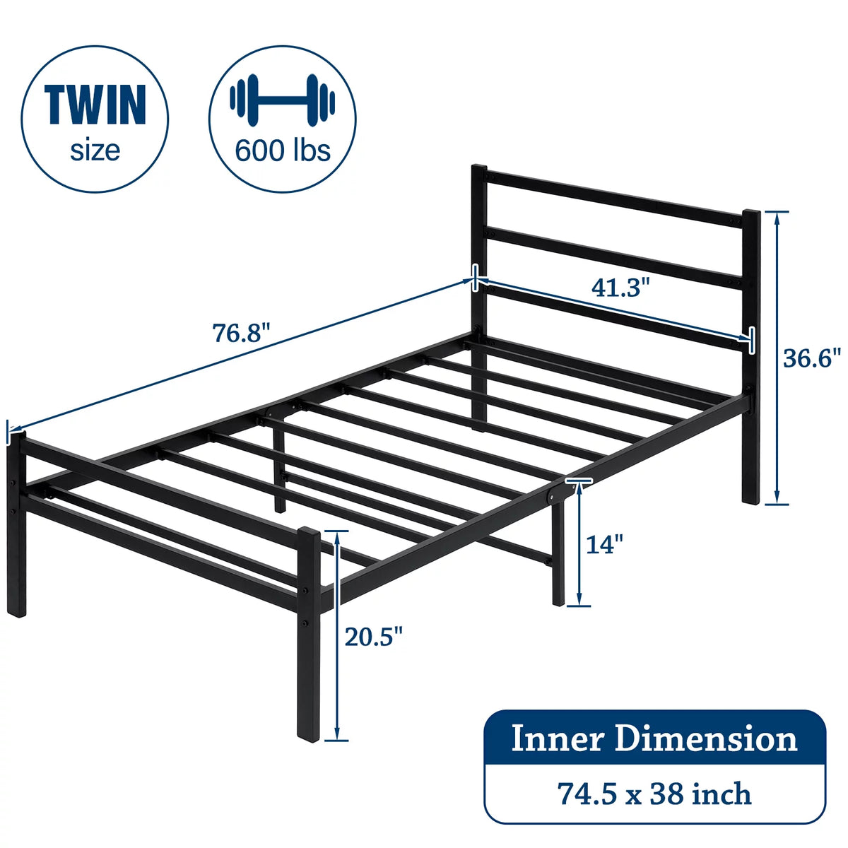 Twin Size Black Metal Platform Bed Frame with Headboard X9034