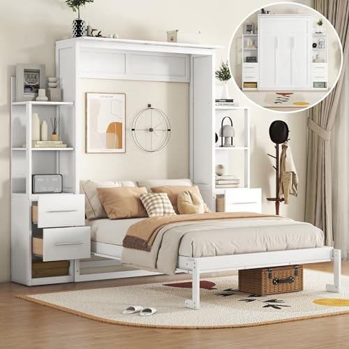 White Full Murphy Bed with Storage Shelves and Drawers H99579