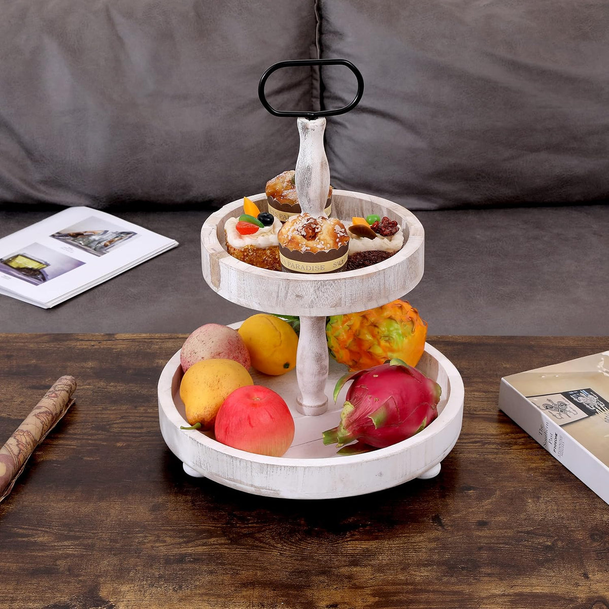 Rustic 2 Tier Cake Stand with Handle and Coaster L48425