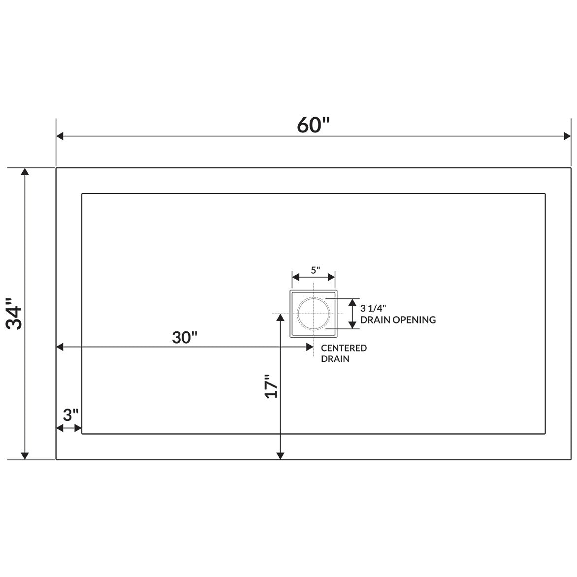 60 x 34 Single Double Threshold Shower Base Pan Center Drain White T5676