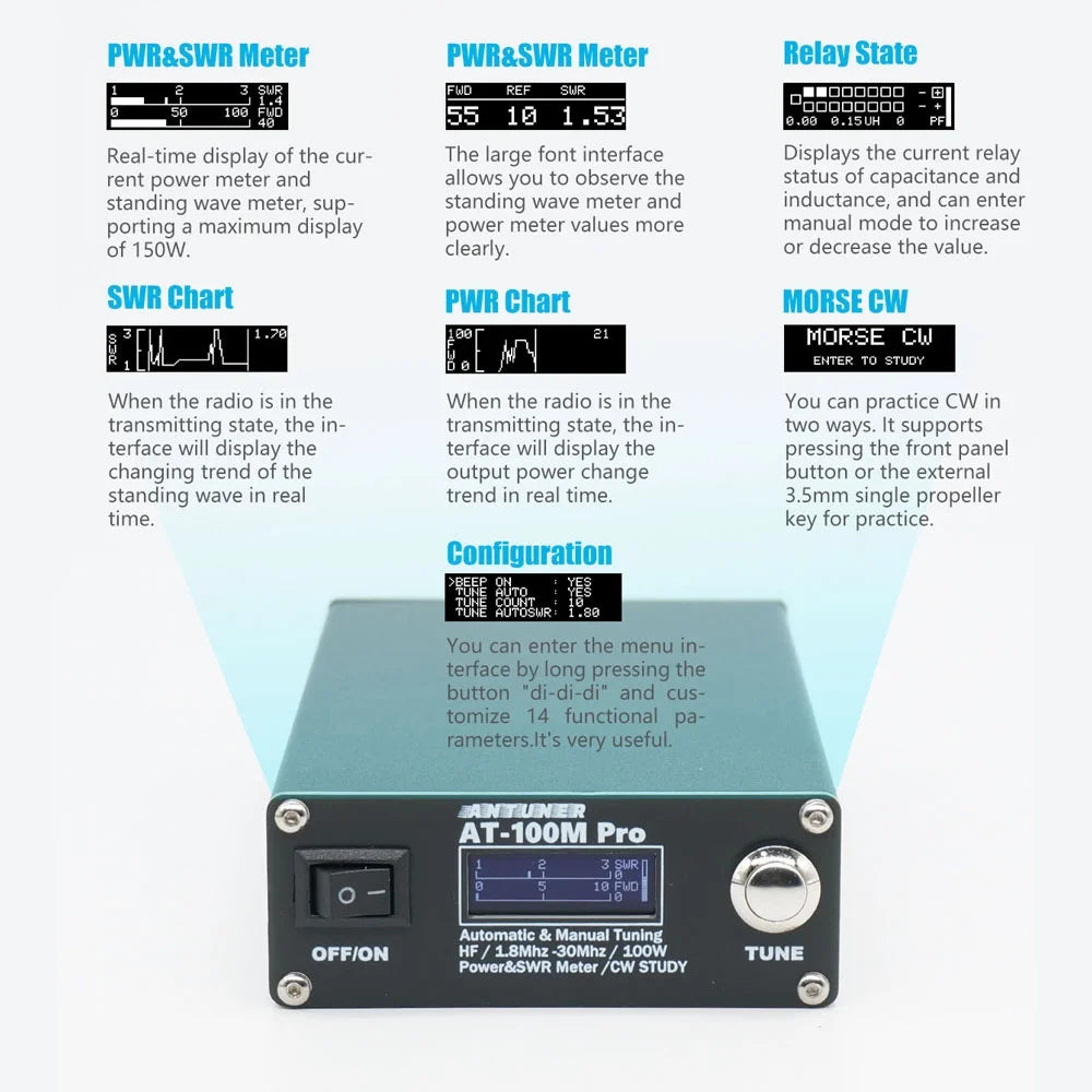 AT100M Antenna Tuner 1.8Mhz-30Mhz Automatic/Manual Tuning 100W Standing Waves Meter Multifunctional HF Radio Meter Morse Code Exerciser Supported M890