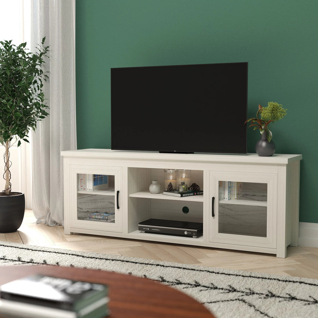 White Wash 65" Media Console with Glass Doors and 3 Adjustable Shelves C624973