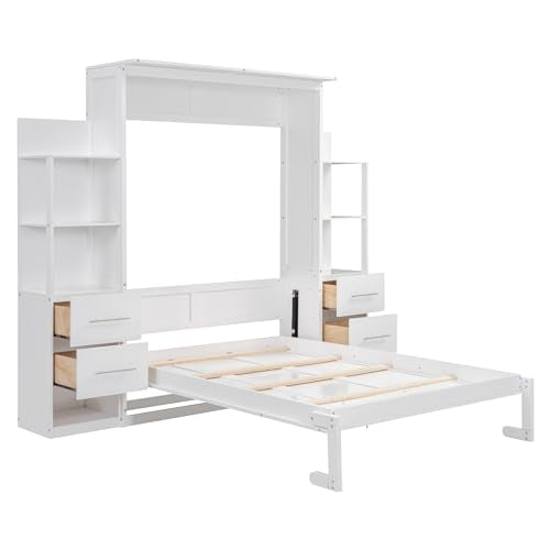 White Full Murphy Bed with Storage Shelves and Drawers H99579