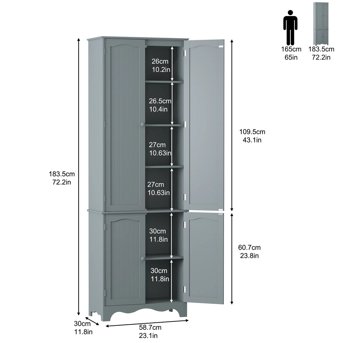 72" H Freestanding Tall Pantry Cabinet with 2 Large Cabinets and Adjustable Shelves H4145