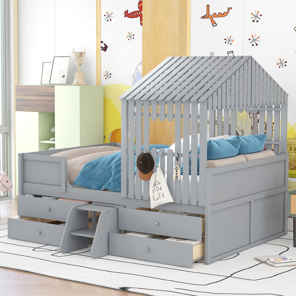 Full Size Low Loft Bed with Four Drawers, Gray Y318
