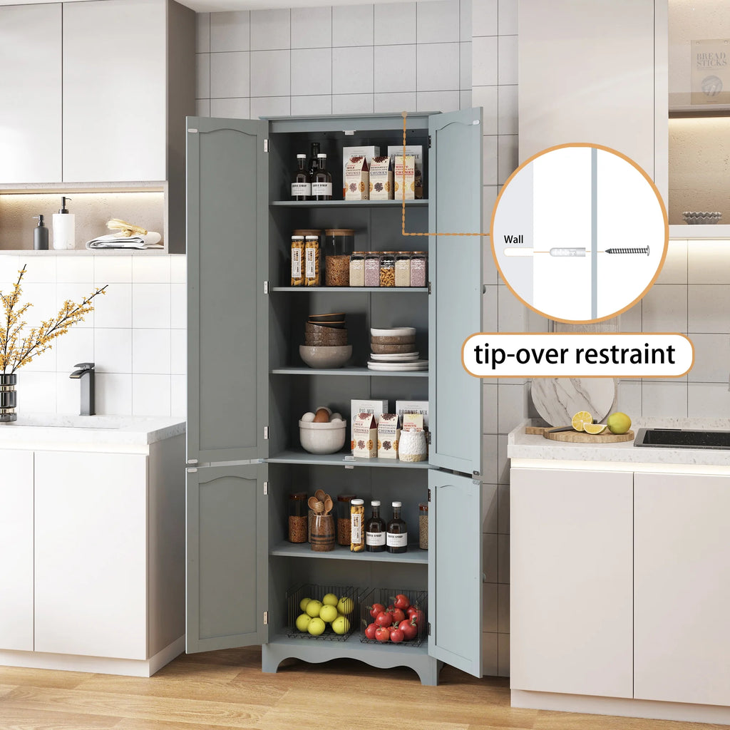 72" H Freestanding Tall Pantry Cabinet with 2 Large Cabinets and Adjustable Shelves H4145