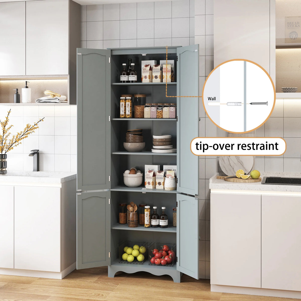 72" H Freestanding Tall Pantry Cabinet with 2 Large Cabinets and Adjustable Shelves H4145