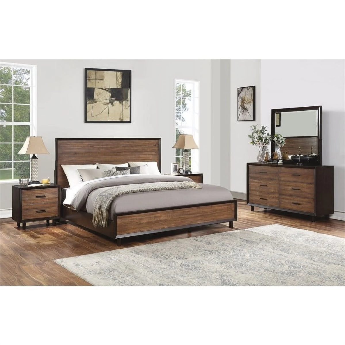 Brown Queen Bed Walnut Acacia Wood N326