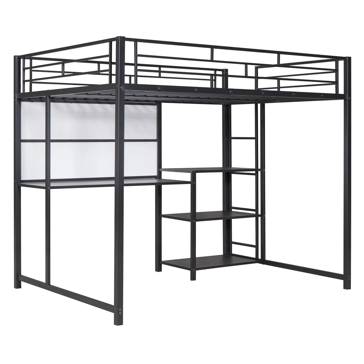 Full Size Black Metal Loft Bed with Desk and Whiteboard N1137