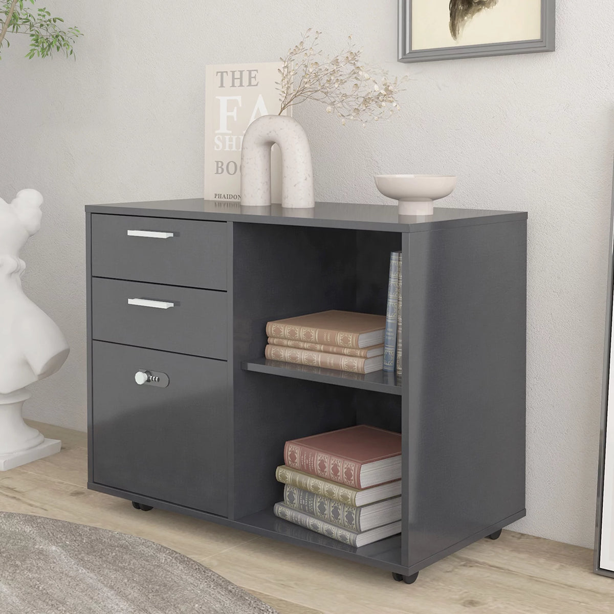 Mobile Lateral Filing Cabinet with Open Storage Shelves J78930