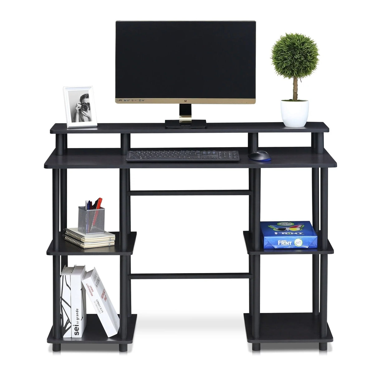 Espresso Black Computer Desk with Top Shelf Q904
