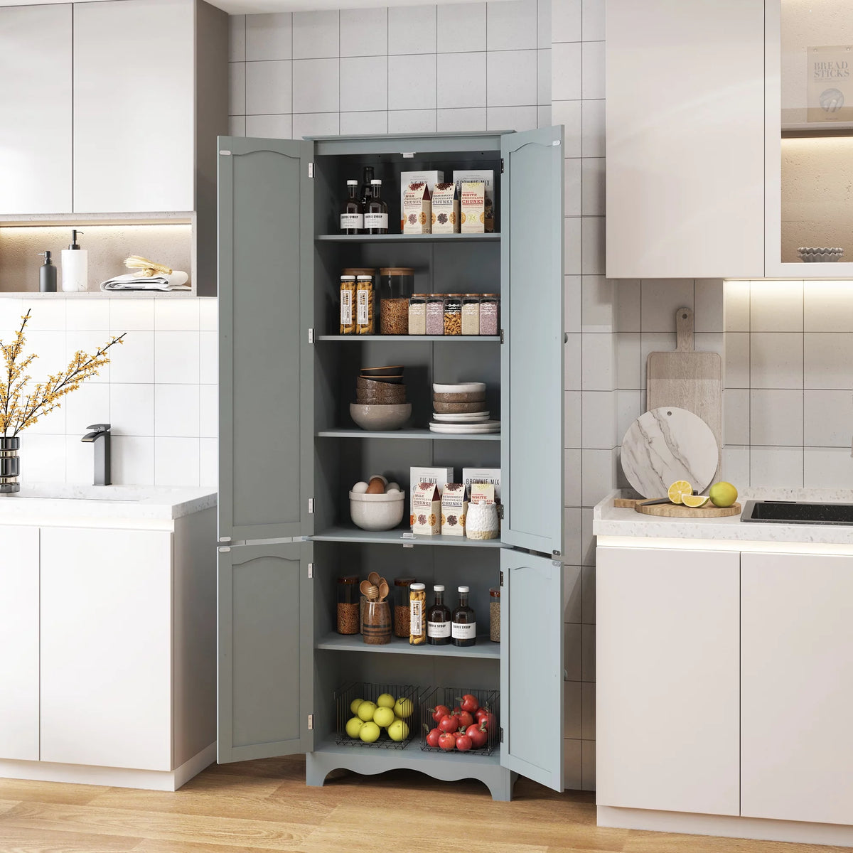 72" H Freestanding Tall Pantry Cabinet with 2 Large Cabinets and Adjustable Shelves H4145