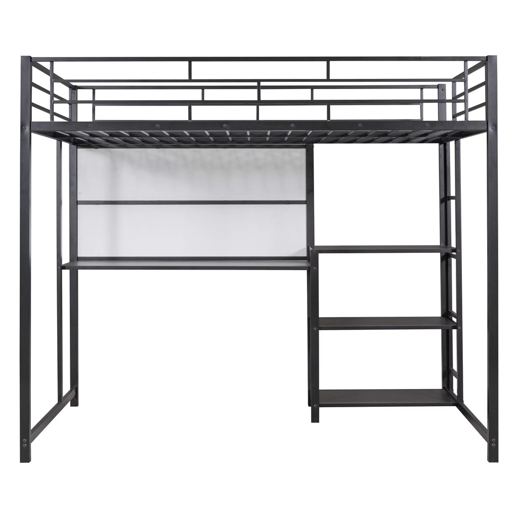Full Size Black Metal Loft Bed with Desk and Whiteboard N1137