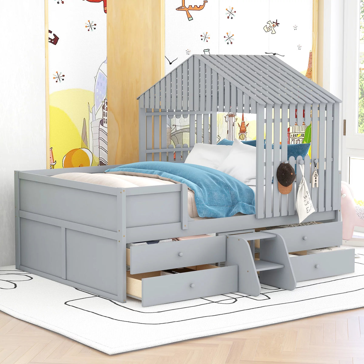 Full Size Low Loft Bed with Four Drawers, Gray Y318