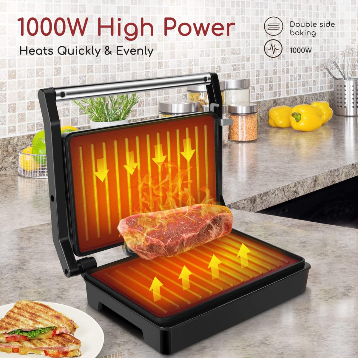 Belgian Waffle Maker 1.2" 8 Inch Flip Non Stick Panini Press Sandwich Maker W852