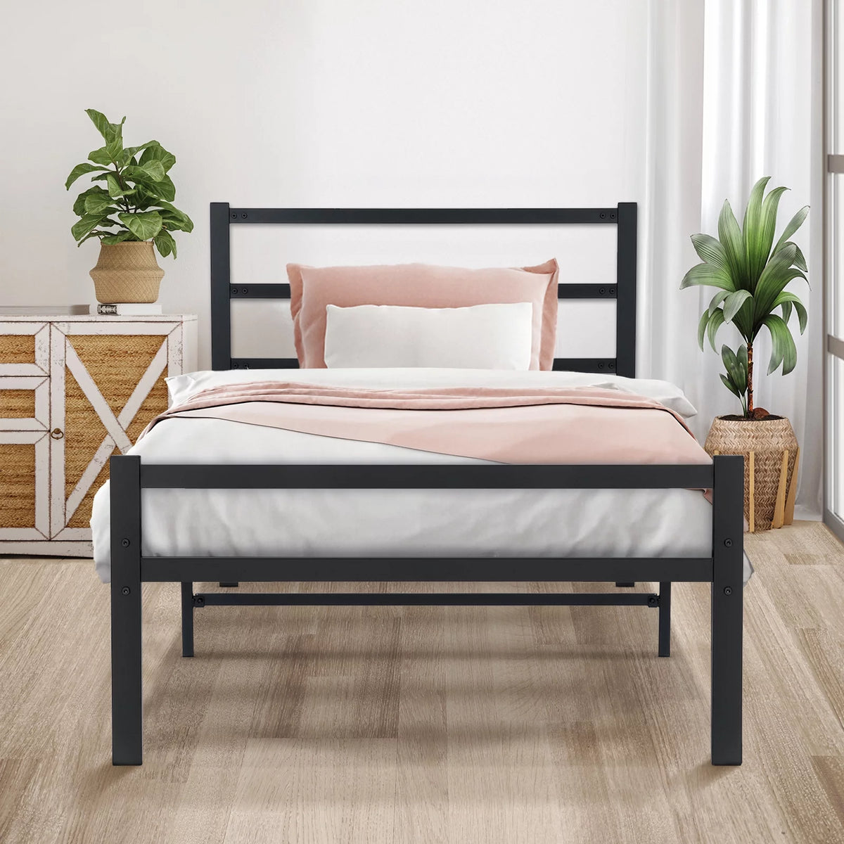 Twin Size Black Metal Platform Bed Frame with Headboard X9034