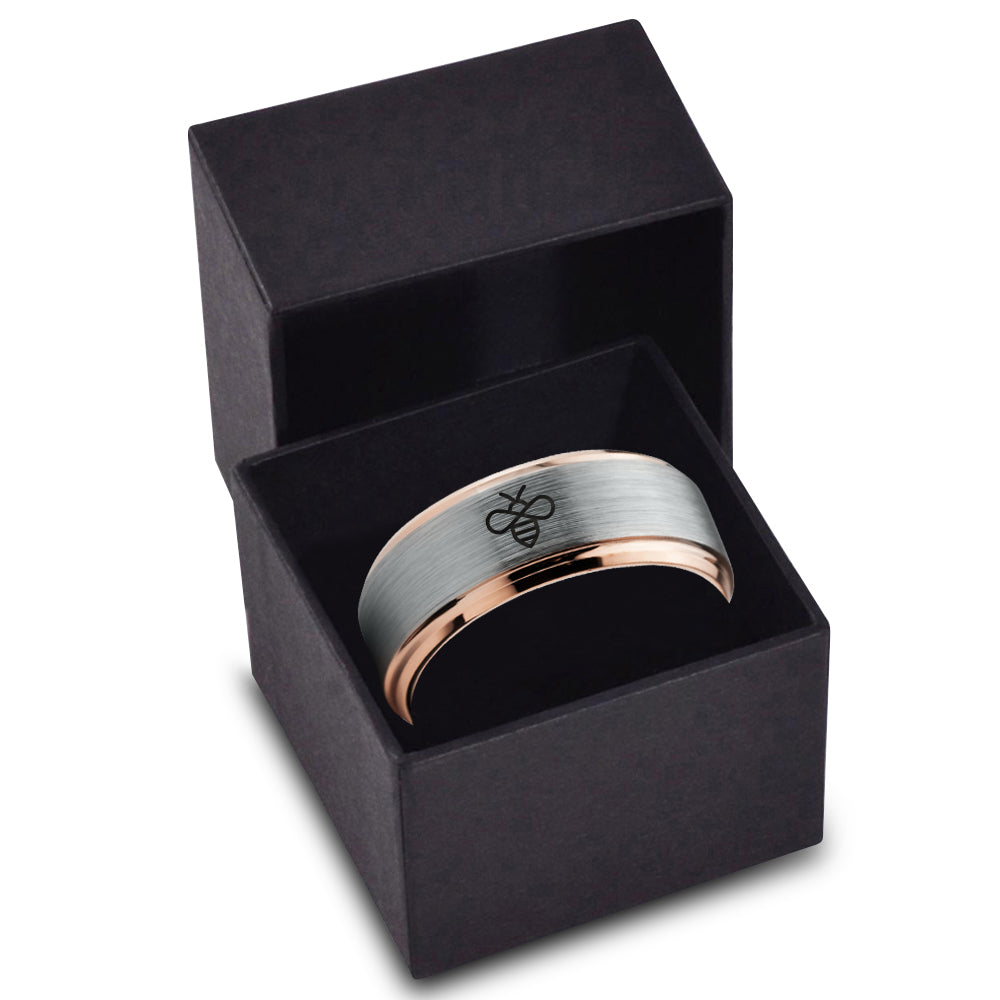 Tungsten Bee Ring 8mm Comfort Fit 18k Rose Gold Brushed Polished A225