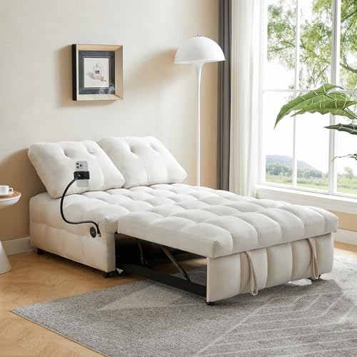 48" Convertible Sleeper Sofa Couch Bed, 3-in-1 Velvet Tufted Pull Out Couch with Charge Ports and Phone Holders, Comfy Modern Loveseat Sleeper Chaise Lounge (Grey) B101