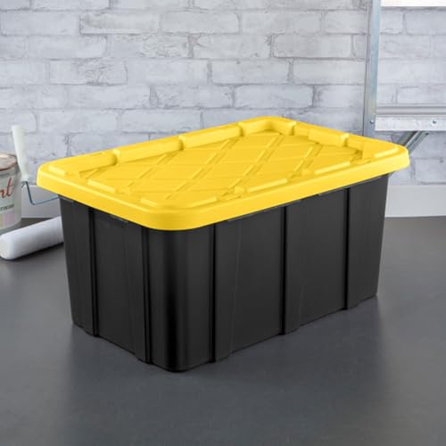 38 Gallon Black/Yellow Stackable Storage Tote with Lid, 8 Pack U4376