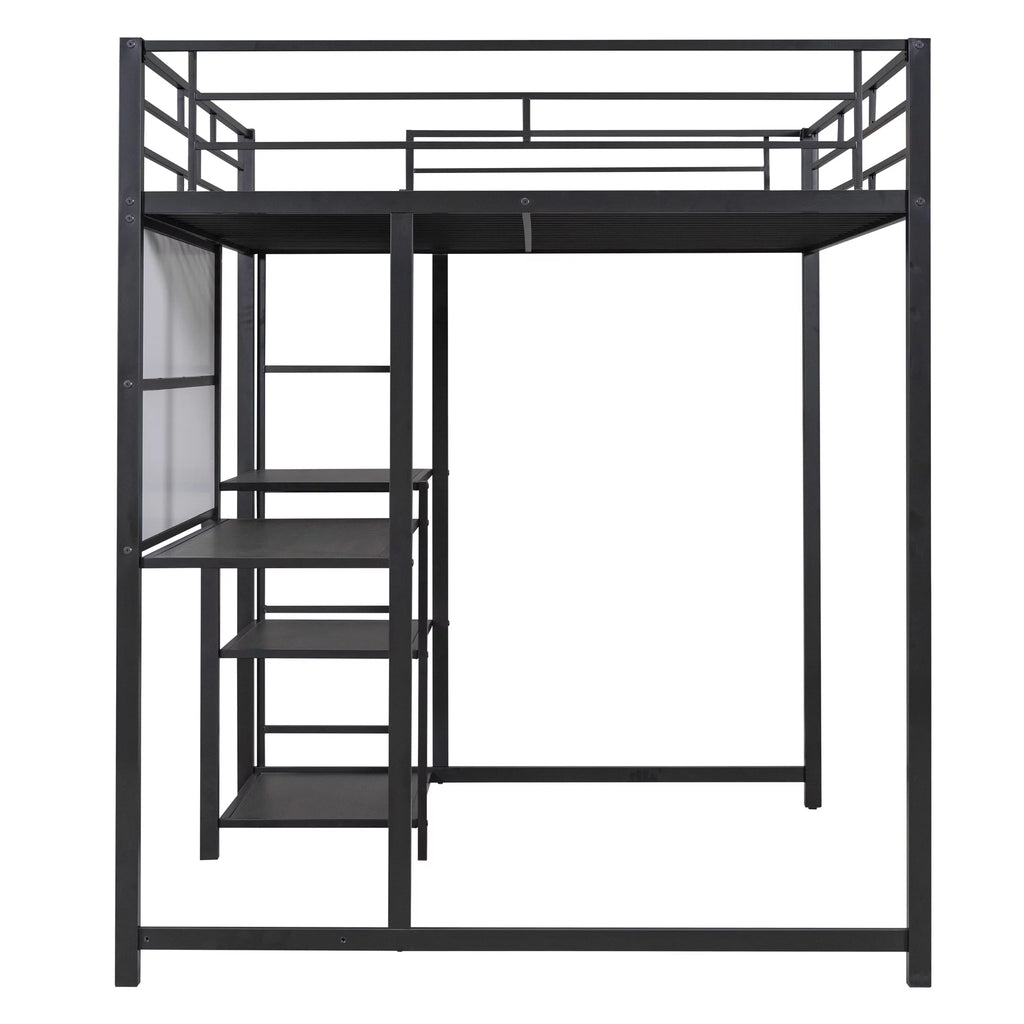 Full Size Black Metal Loft Bed with Desk and Whiteboard N1137