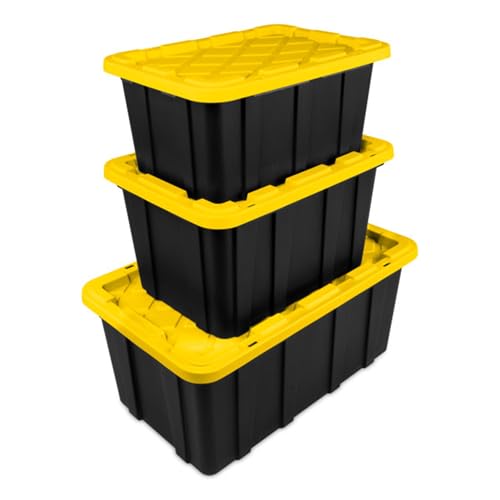 38 Gallon Black/Yellow Stackable Storage Tote with Lid, 8 Pack U4376