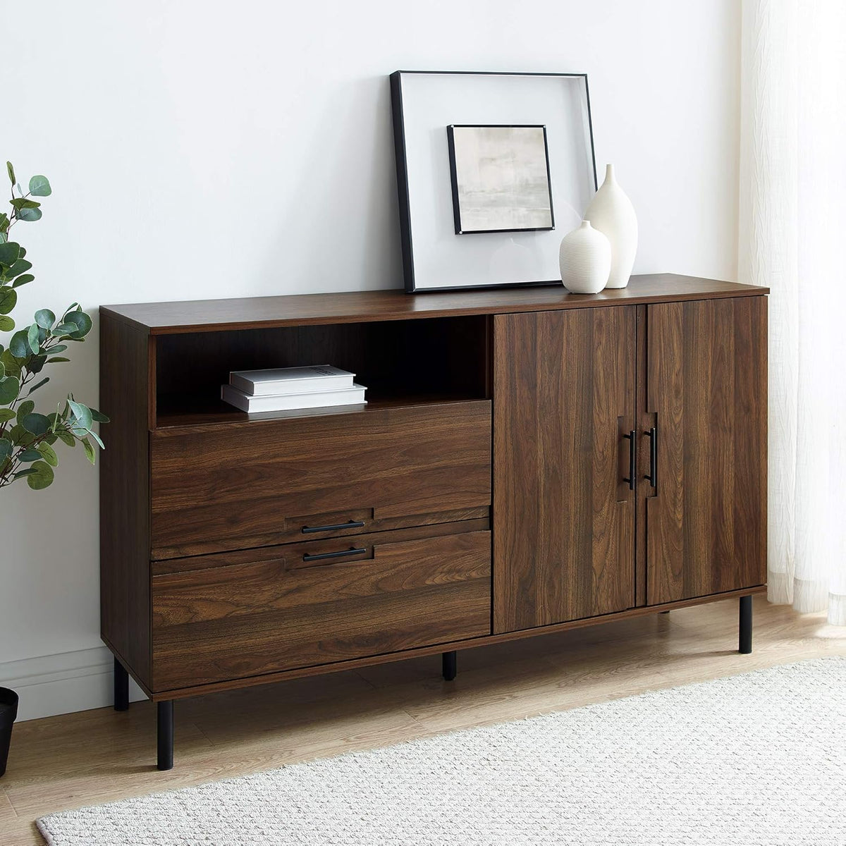 56 Dark Walnut Cabinet Door and 2 Drawer Storage Sideboard Buffet C299406