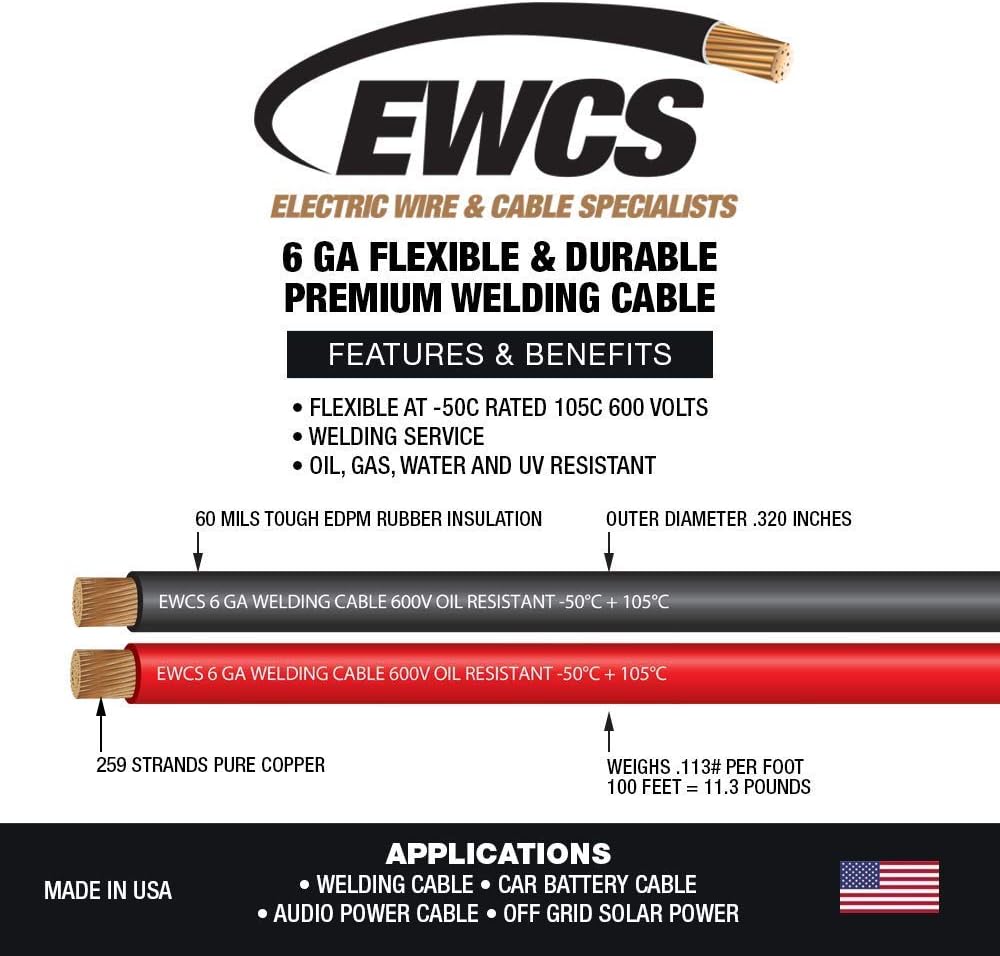 6 Gauge Extra Flexible Welding Cable 600 Volt Combo Pack - Black+Red 25 Feet of Each H4520
