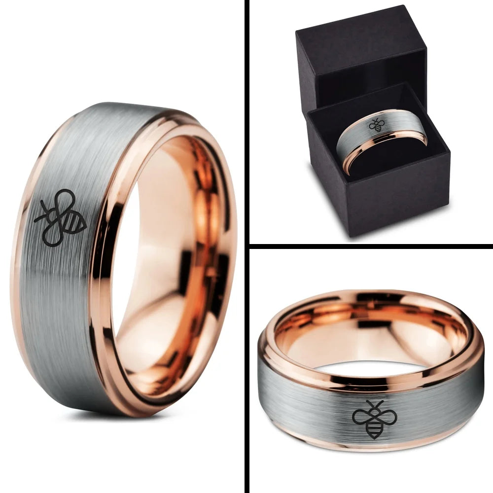 Tungsten Bee Ring 8mm Comfort Fit 18k Rose Gold Brushed Polished A225