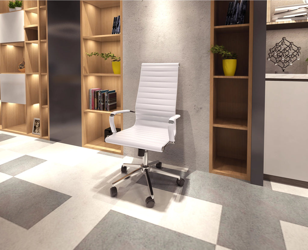 White Mid Century Modern High Back Ribbed PU Leather Ergonomic Office Chair H3536