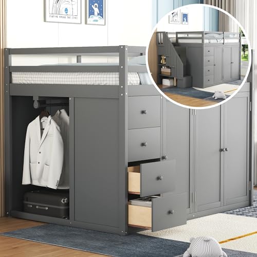 Gray Full Size Loft Bed with Desk Wardrobe 3 Drawers 2 Shelves K77896