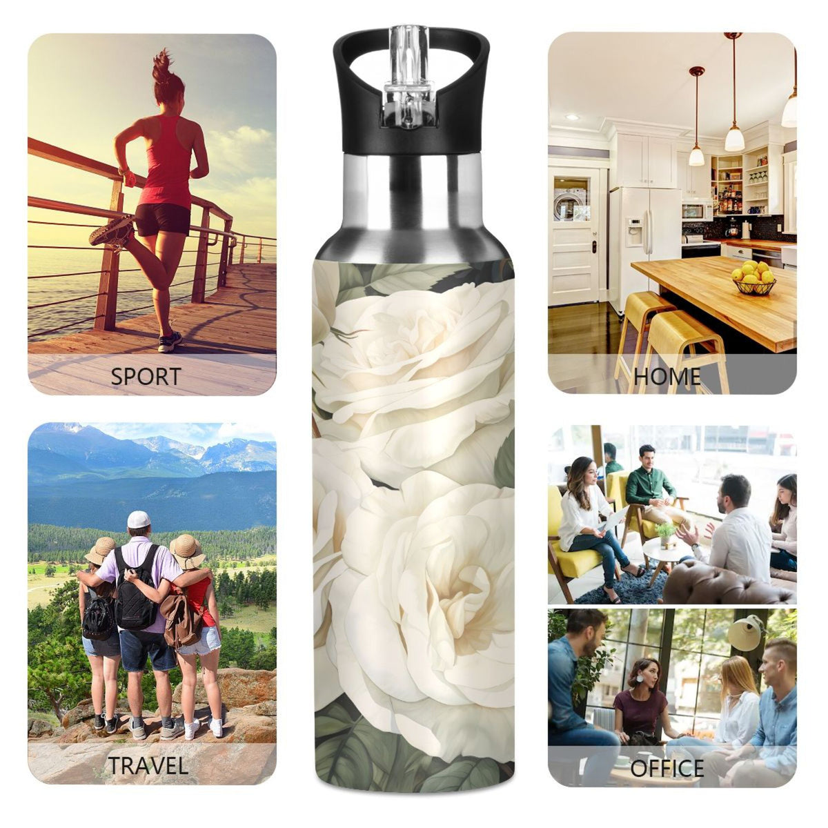 White Roses Stainless Steel Insulated Water Bottle with Straw Lid Z26720