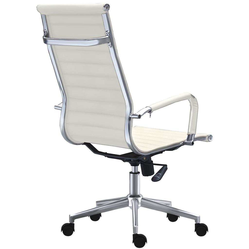 White Mid Century Modern High Back Ribbed PU Leather Ergonomic Office Chair H3536