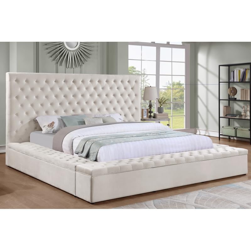 Cream Eastern King Velvet Tufted Storage Bed A31944