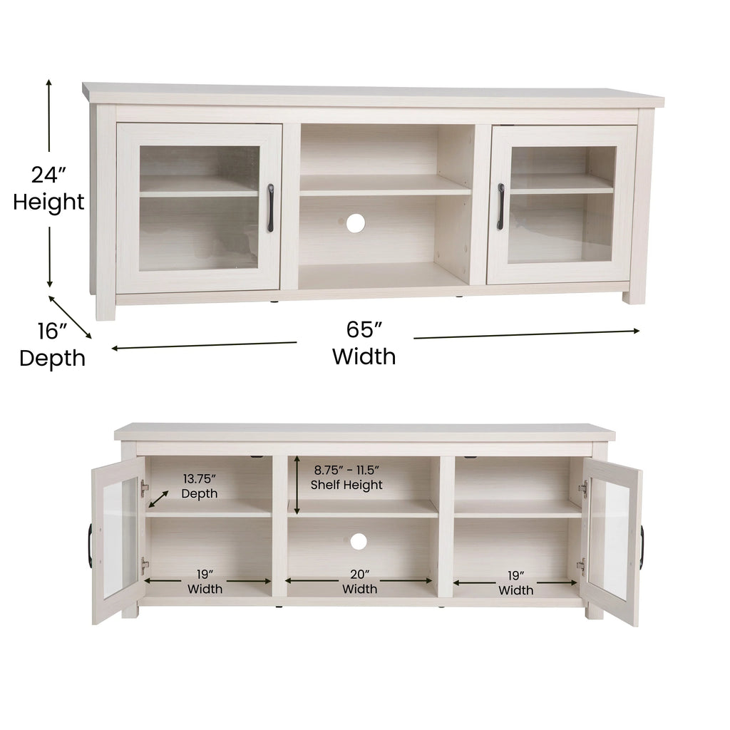 White Wash 65" Media Console with Glass Doors and 3 Adjustable Shelves C624973