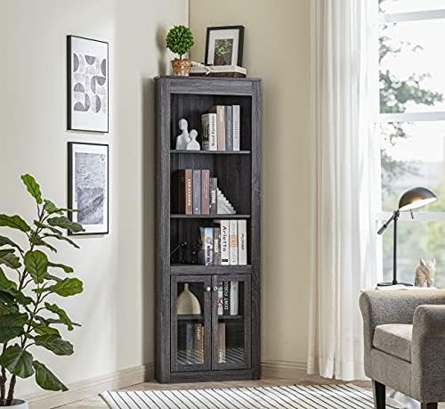 Stone Grey Bar Cabinet Bookshelf with Glass Doors P363
