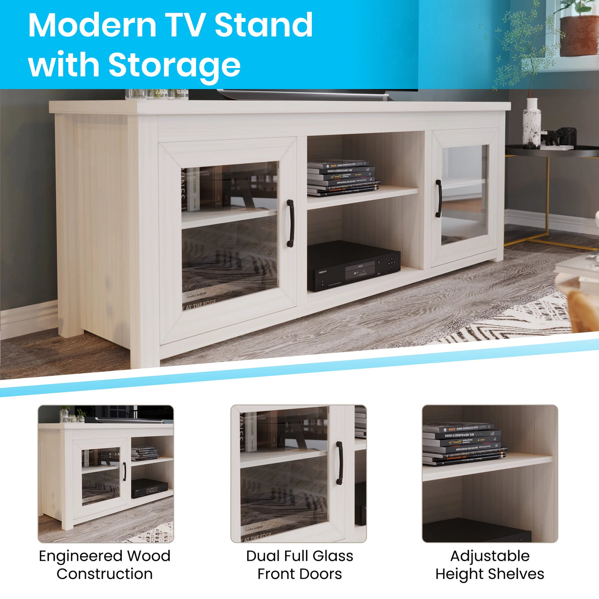 White Wash 65" Media Console with Glass Doors and 3 Adjustable Shelves C624973