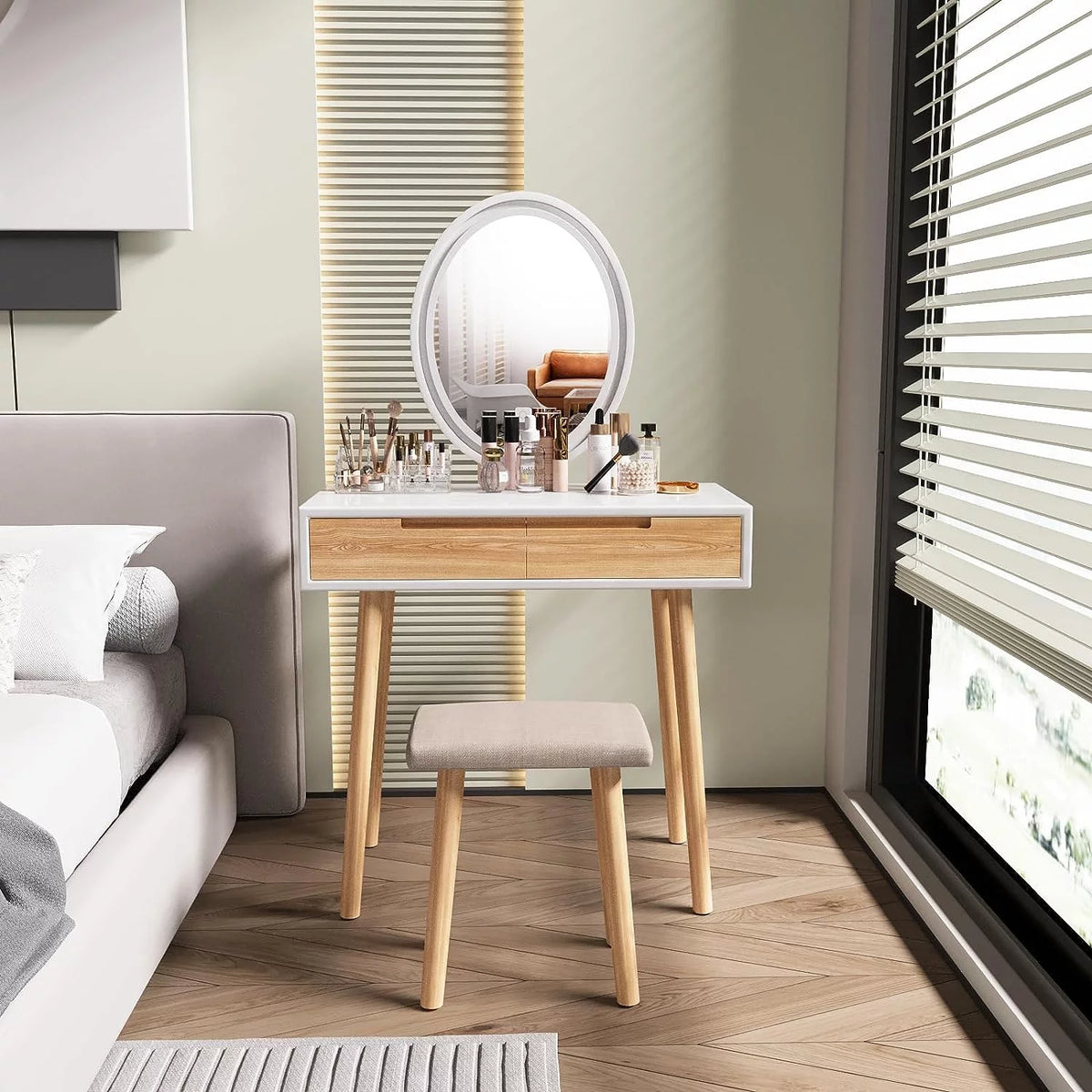 31.5'' Makeup Vanity Desk with Oval Mirror and Stool N7133