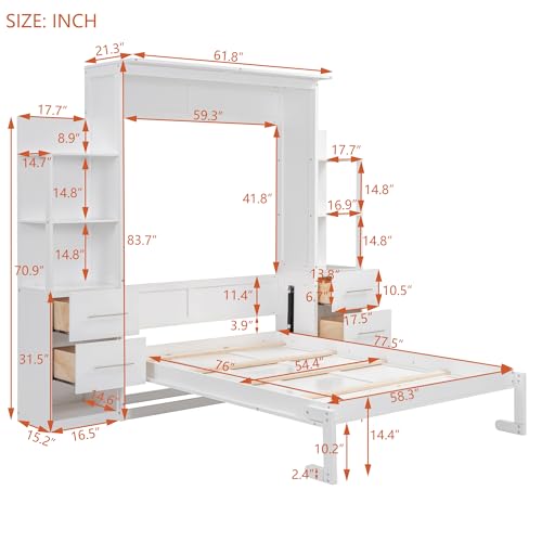 White Full Murphy Bed with Storage Shelves and Drawers H99579