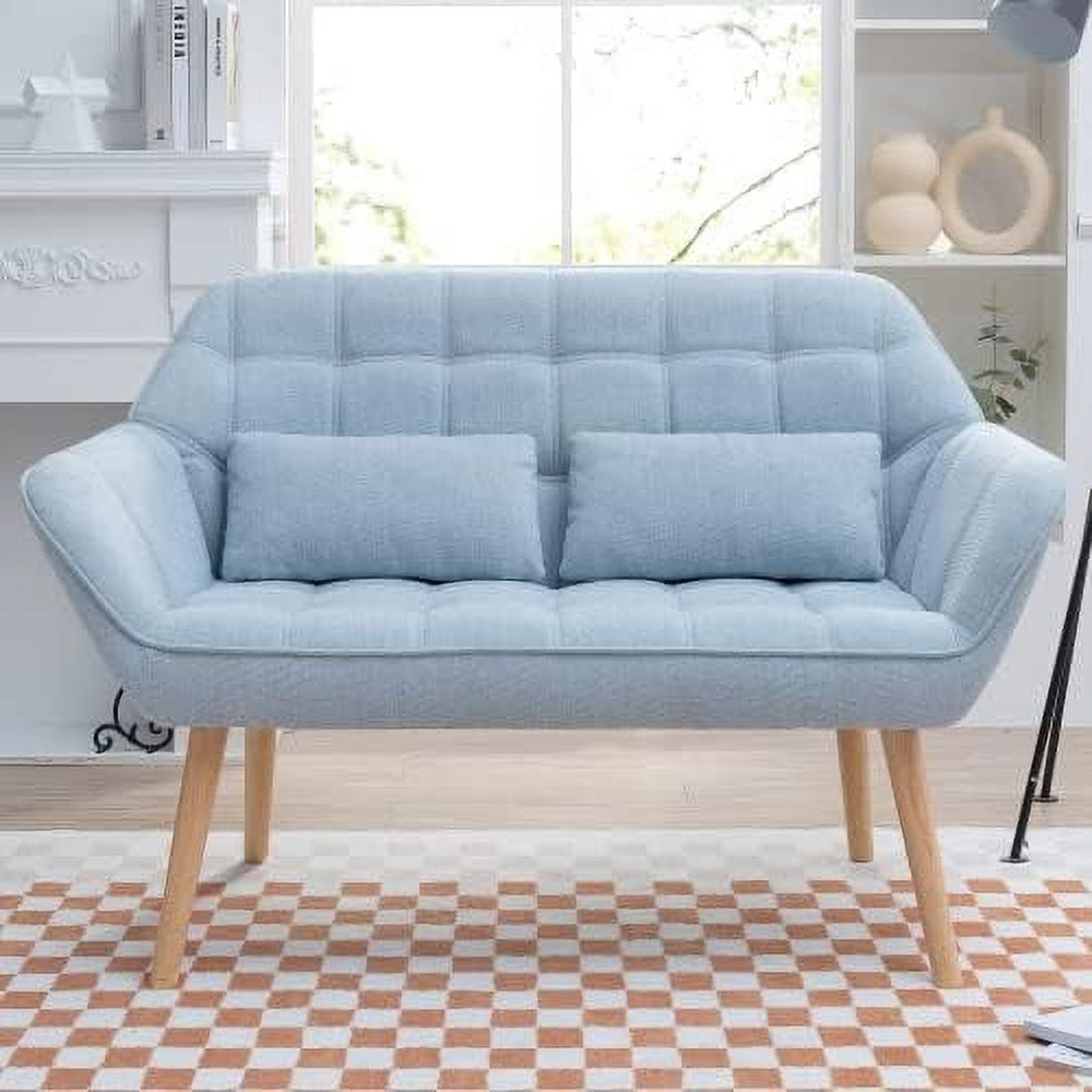 Blue Linen Fabric 2-Seat Loveseat Sofa with 2 Pillow O351